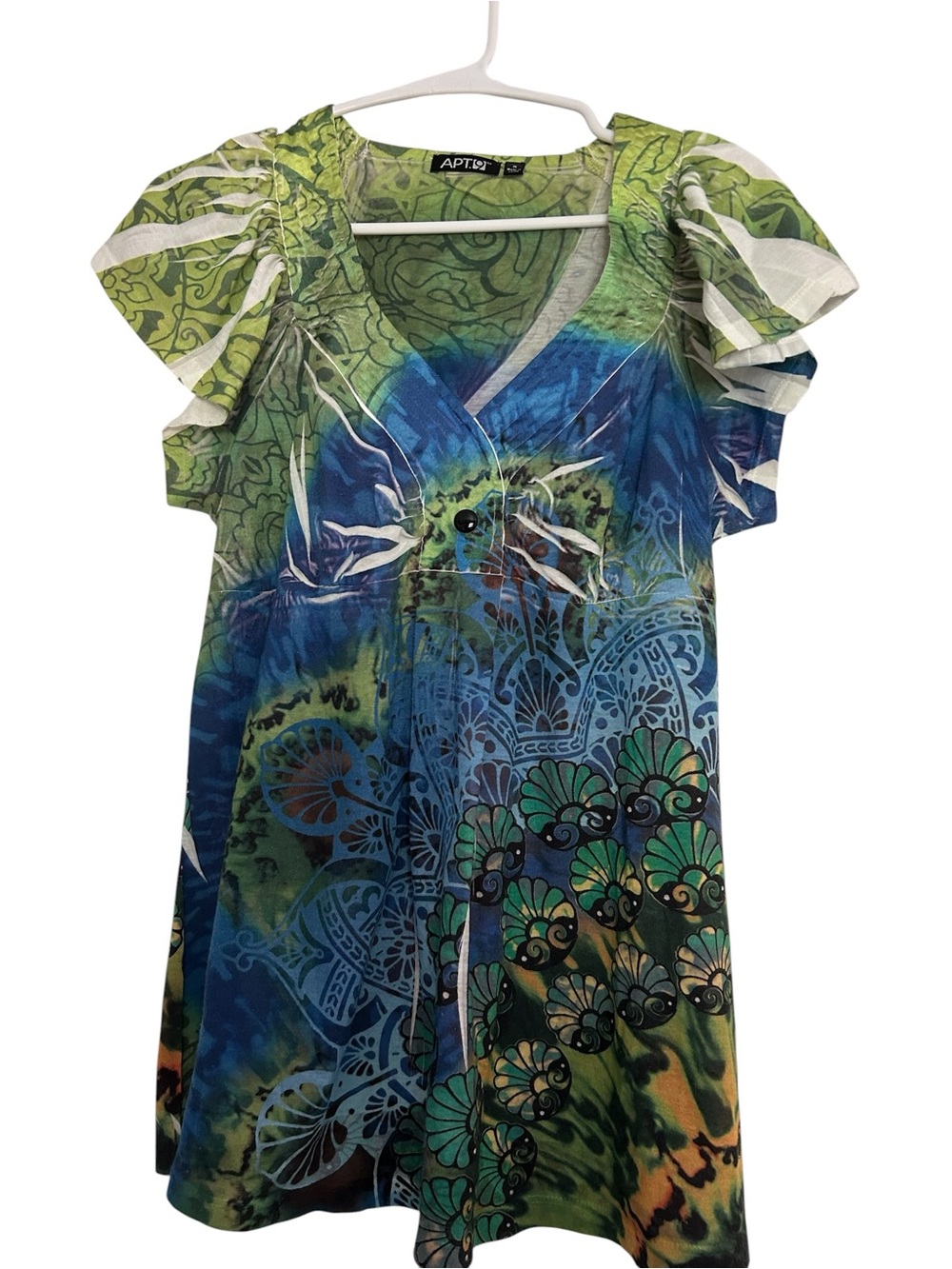Apt. 9 Green & Blue Floral Hobo Vibe V-Neck Ruffle Sleeve Top SZ M EUC Fairy